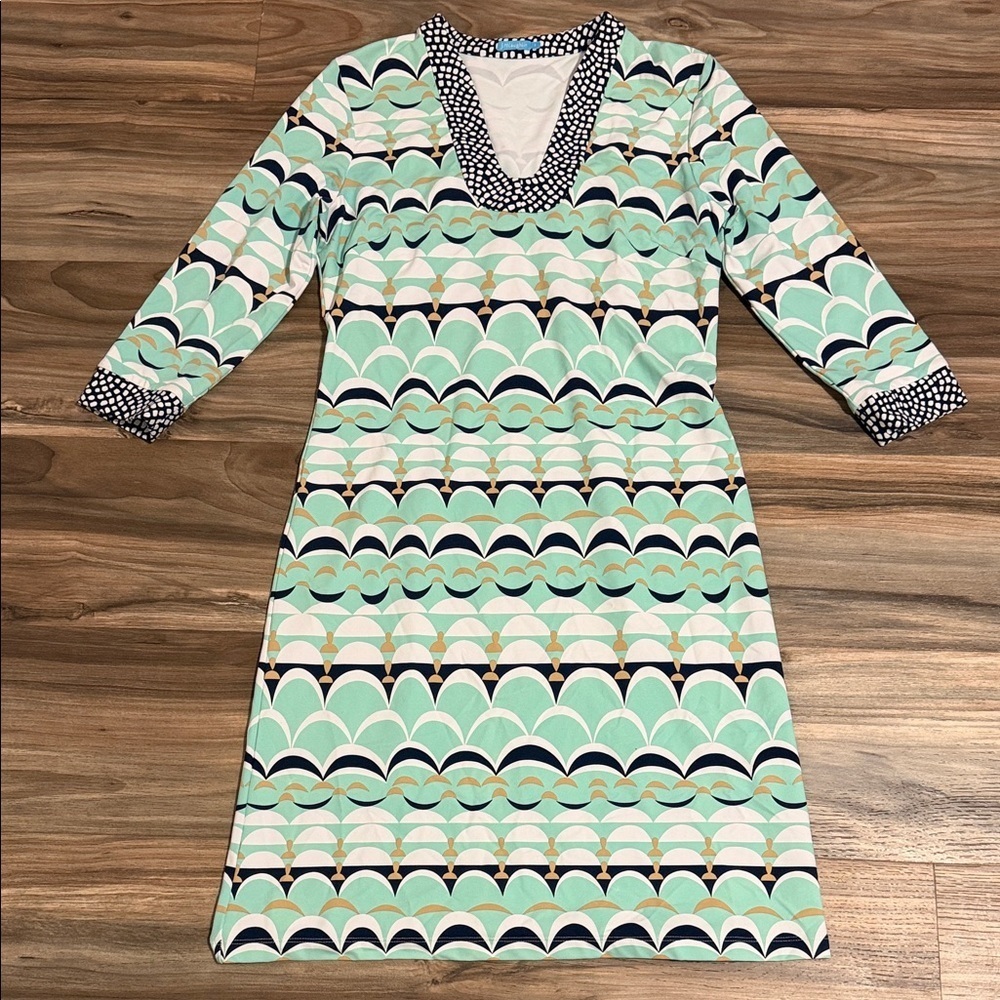 J.McLaughlin Giselle Dress Catalina Cloth Stretch V-neck Mint Navy Women’s Sz. S